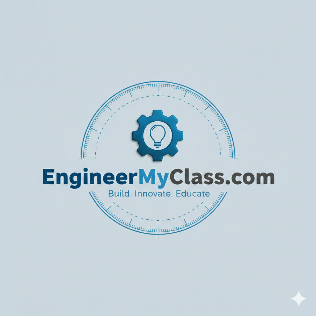 Logo for EngineerMyClass.com featuring a gear with a lightbulb inside, surrounded by a circular design, with the tagline 'Build. Innovate. Educate'.