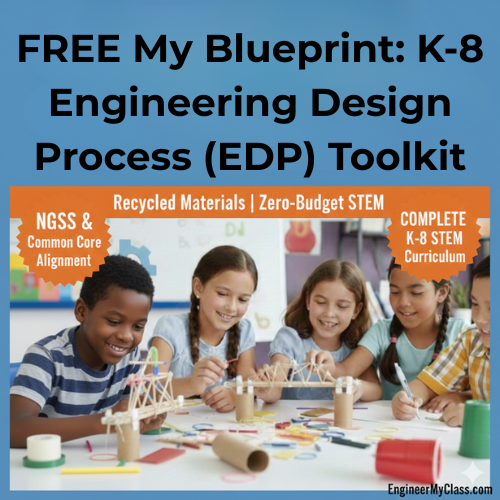 Group of children working on engineering projects at a table with recycled materials, promoting STEM education for K-8 students.