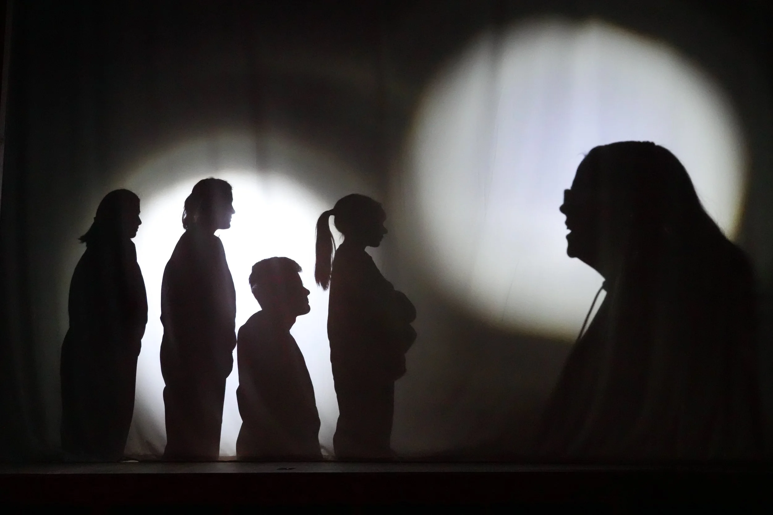 Silhouettes of several people standing in a line against a bright light, creating shadowed profiles in a dark environment.