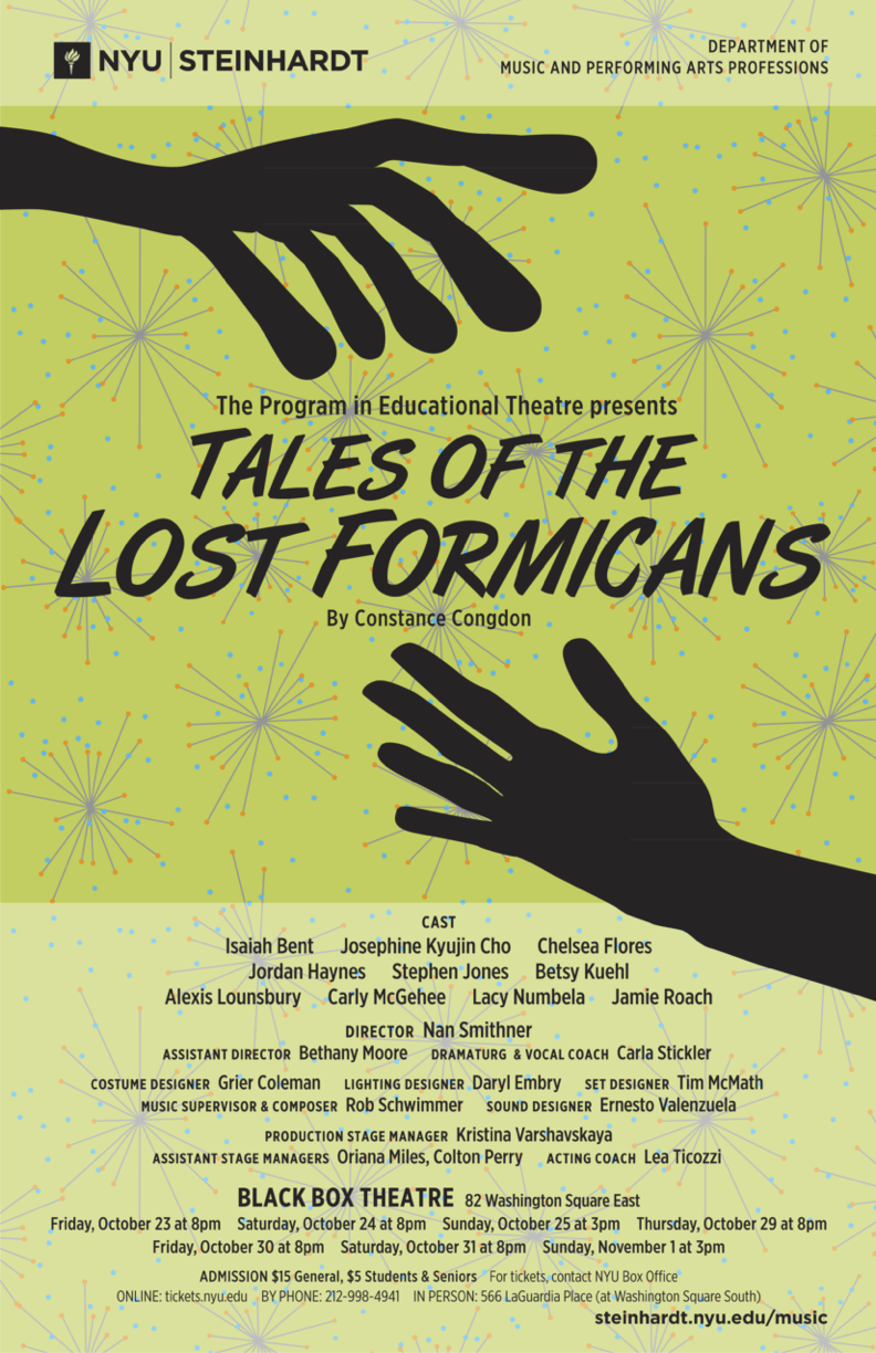 Promotional poster for the NYU Steinhardt Department of Music and Performing Arts Professions presenting the educational theatre program "Tales of the Lost Formicans." The poster features a background with doodle-like patterns of starbursts in yellow