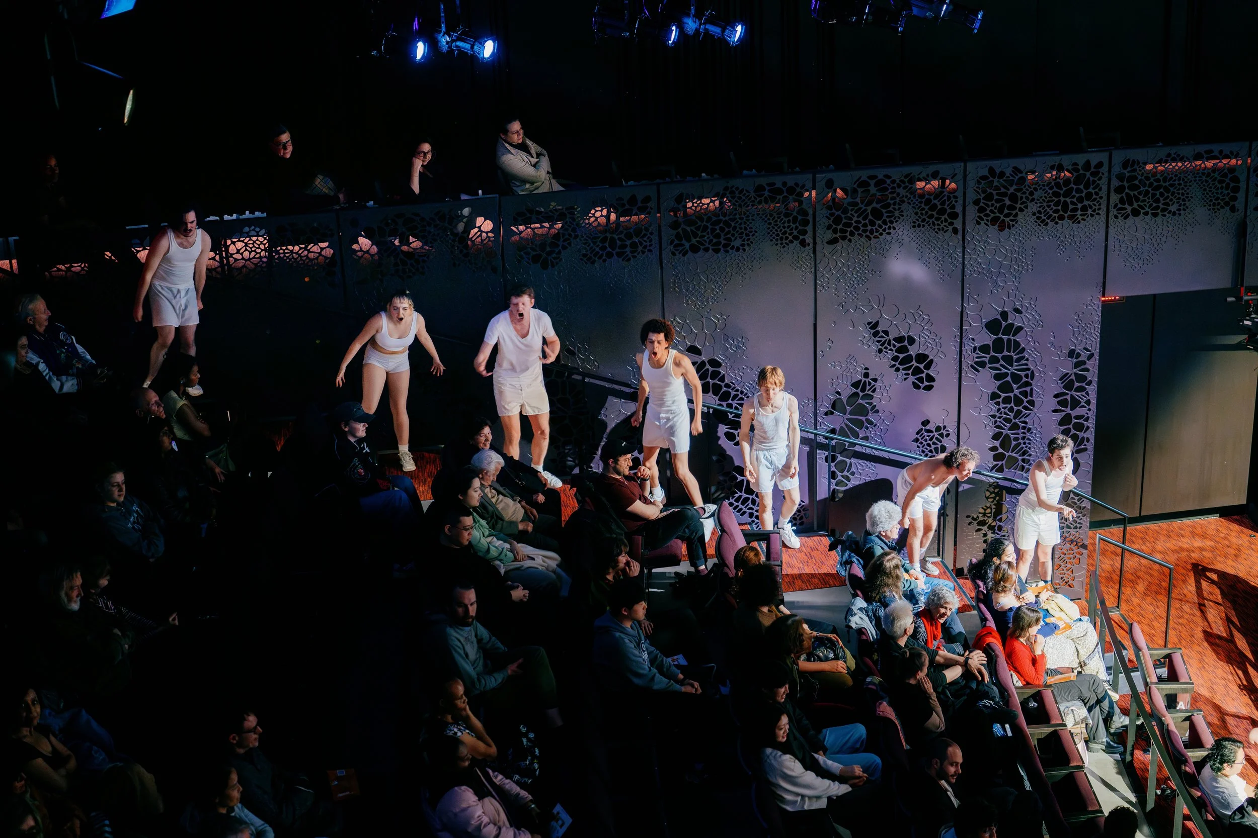 People sitting in a dark auditorium watching a performance with some individuals standing and gesturing on stage. Audience members are seated, observing the event.