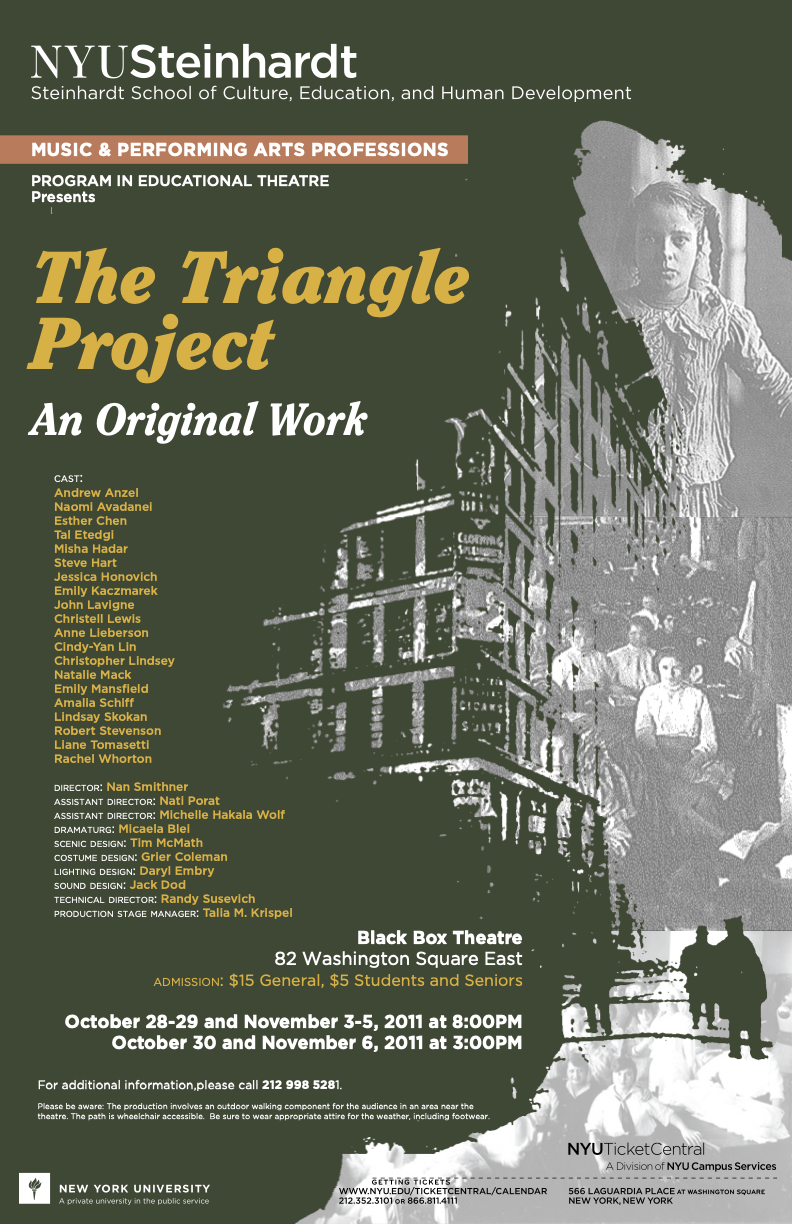 Poster for a theatrical performance titled 'The Triangle Project' presented by NYU Steinhardt's Music & Performing Arts Professions, Program in Educational Theatre, at Black Box Theatre, Washington Square East, New York. The poster features a graysca