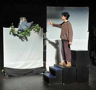 A theatrical puppet show with a person in casual clothing interacting with a puppet on a stage.
