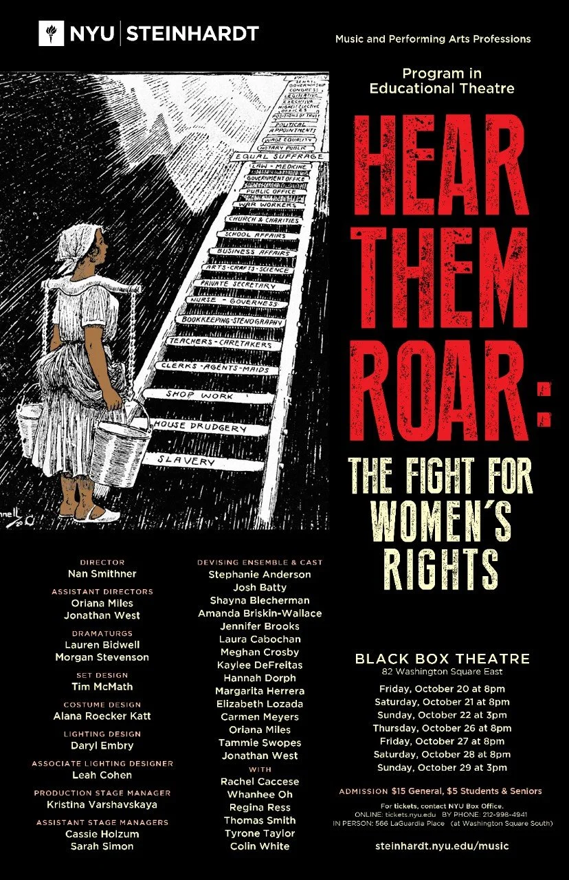A promotional poster for a program in Educational Theatre titled "Hear Them Roar: The Fight for Women's Rights" at NYU Steinhardt. It features an illustration of a woman in a striped dress and headscarf looking up a staircase made of books with title