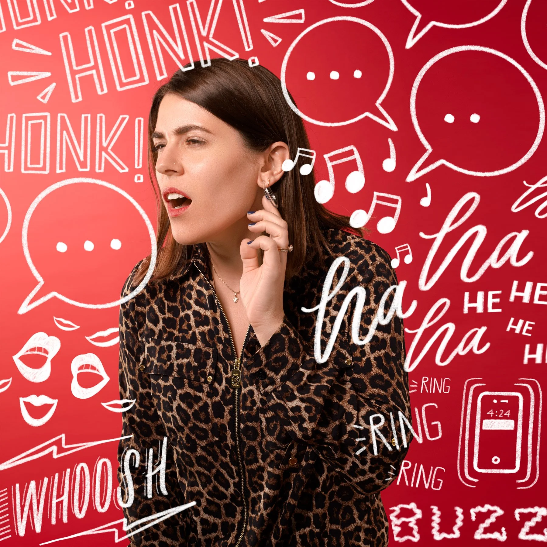 A woman with brown hair, wearing a leopard print blazer, appears to be singing or speaking with a surprised or confused expression. The background includes illustrated speech bubbles, musical notes, lips, and various words like 'Honk!', 'Whoosh', and 'Ha ha' in white on a red backdrop.