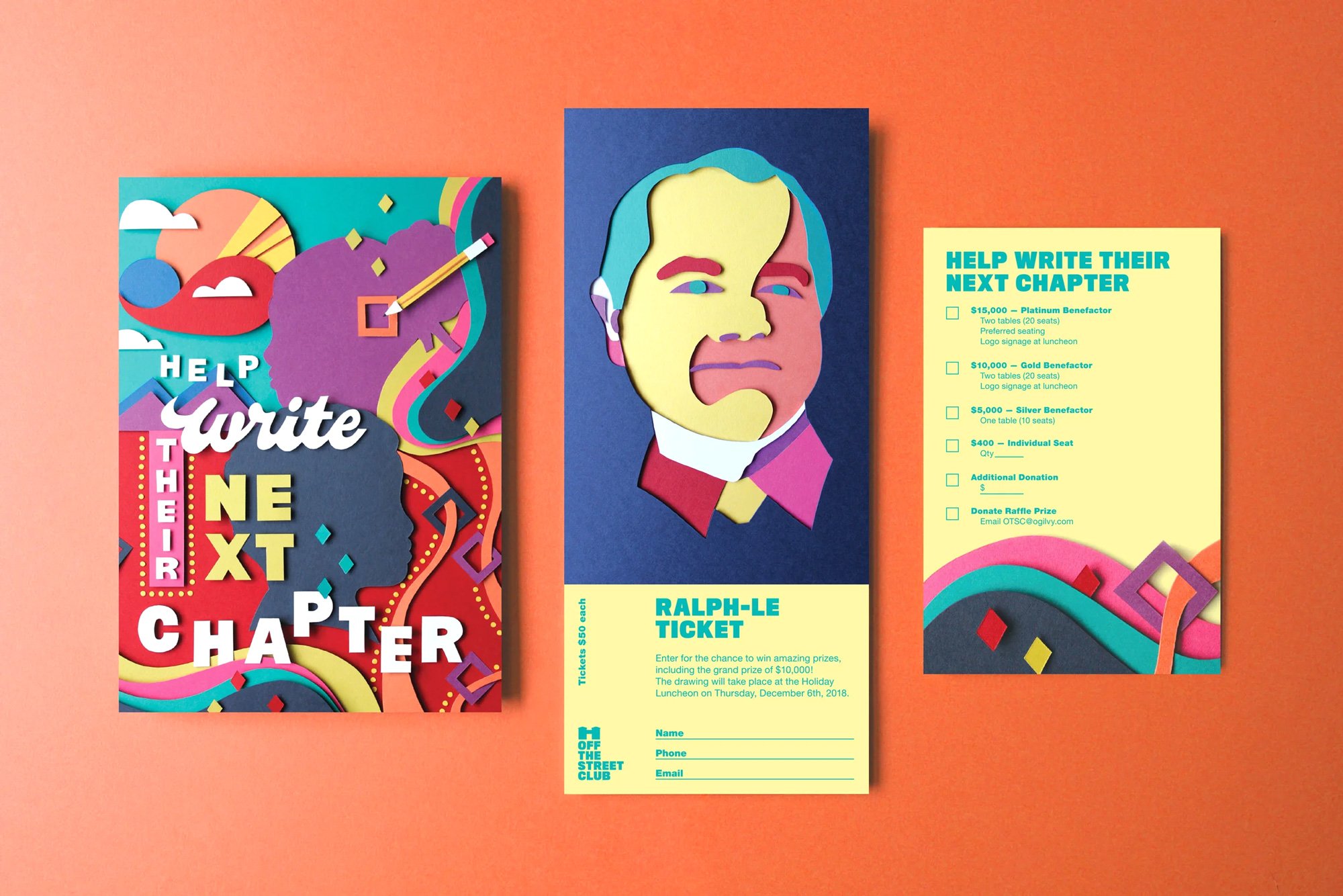 Colorful flyer with the text "Help Write Their Next Chapter" and a silhouette of a person's head, along with a ticket for Ralph-Le. The flyer also includes a section with ticket prices, a form for entering contact information, and decorative geometric shapes.