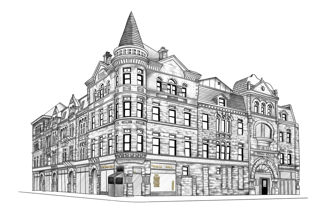 Black and white drawing of a historic multi-story building with a tower, turrets, and arched windows, labeled as Thalia Hall.