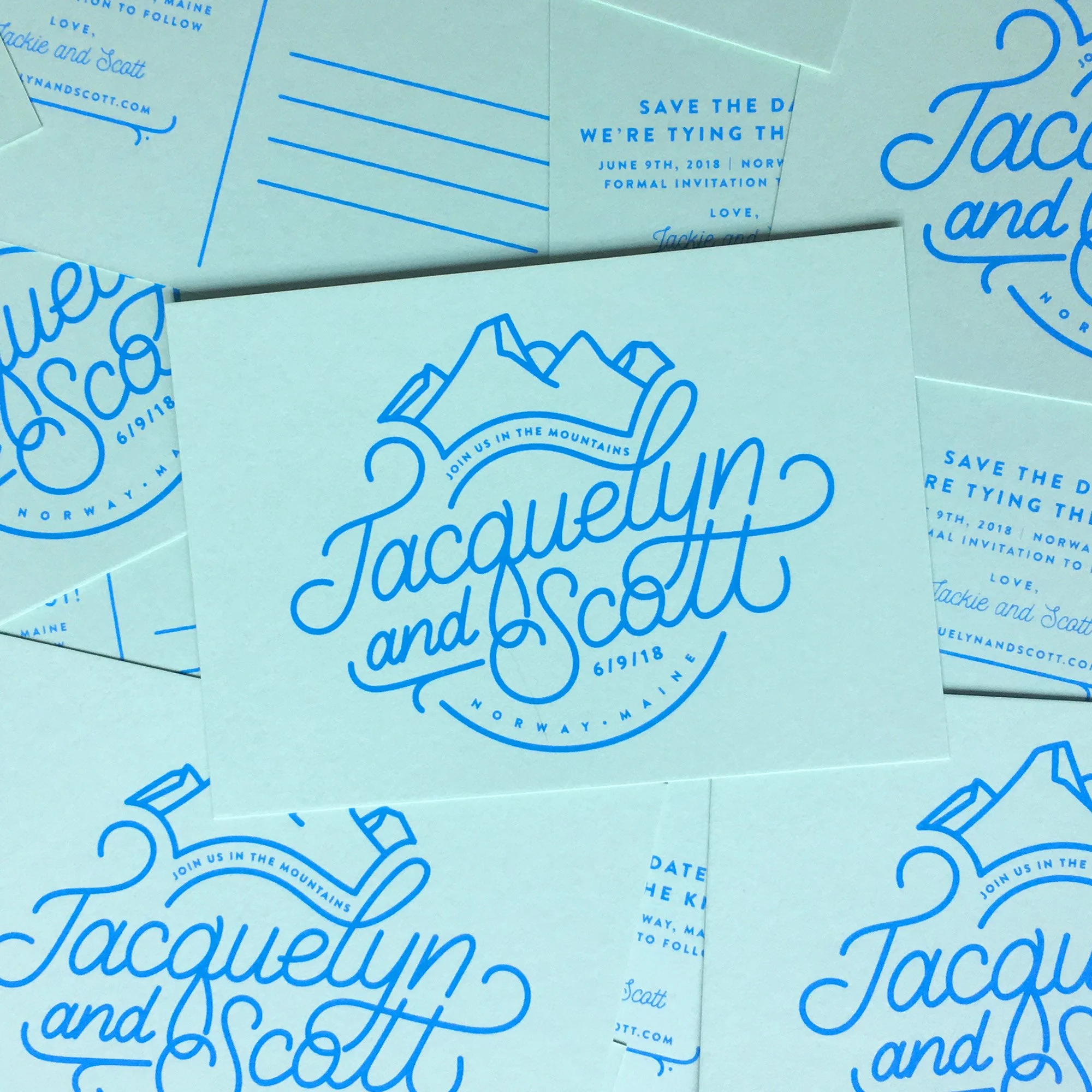 Save the date cards with a mountain graphic and calligraphy-style text for Jacquelyn and Scott's wedding, scheduled for June 9, 2018, in Norway, Maine.