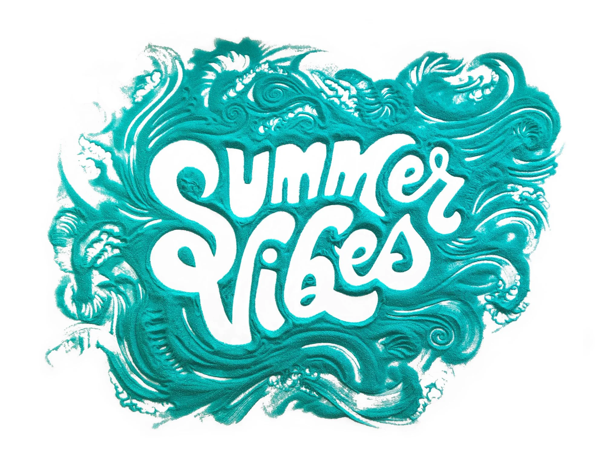 The image features the phrase 'Summer Vibes' in stylized, flowing white text surrounded by swirling, wave-like turquoise patterns.