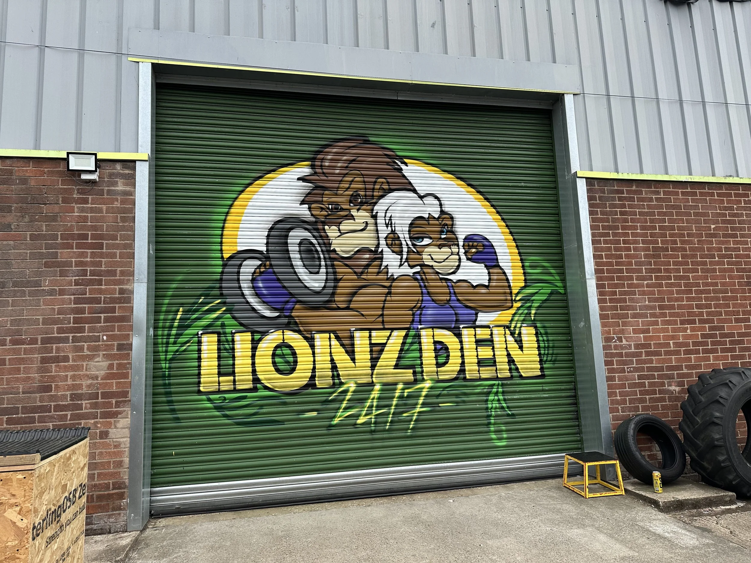 Graffiti art on a garage door showing anthropomorphic cartoon animals, a lion and a lioness, holding weights, with the word 'LIONZDEN 24/7' written below.