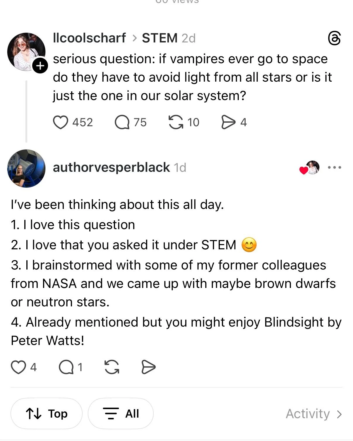 Random bits from Threads - I love when people ask for recommendations and I feel like I can provide the perfect thing. Plus, a very fun question about space vampires and a prompt about the best sci-fi captain of all time.