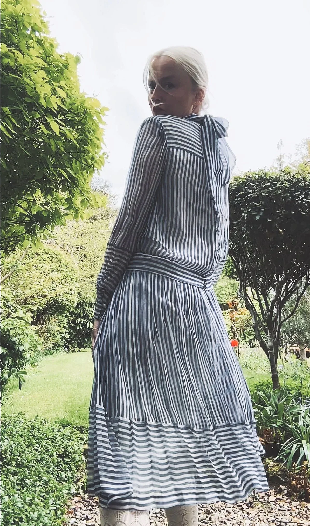 Ian Thomas  Royal Couturier Vintage Silk Organza Dress: Striped Drop Waist Summer Dress