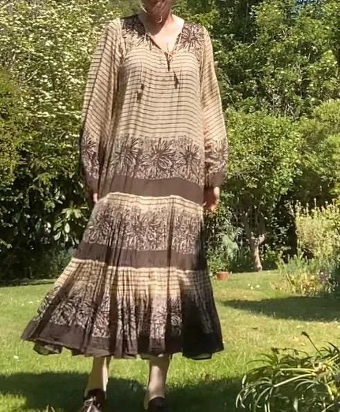 India Imports Of Rhode Island Vintage 70s Cotton Gauze Maxi Dress: Block Print Dark Brown Cream