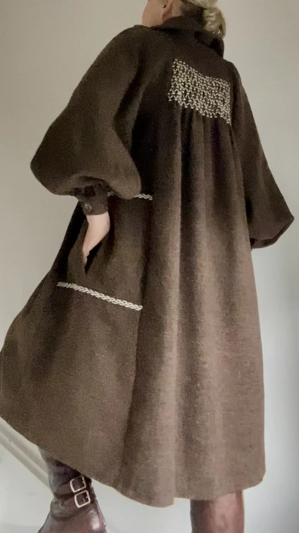Anna Roose Designed and made 1970s Jacob Sheep Wool Smock Dress with Smocking details. Size M Dark Brown