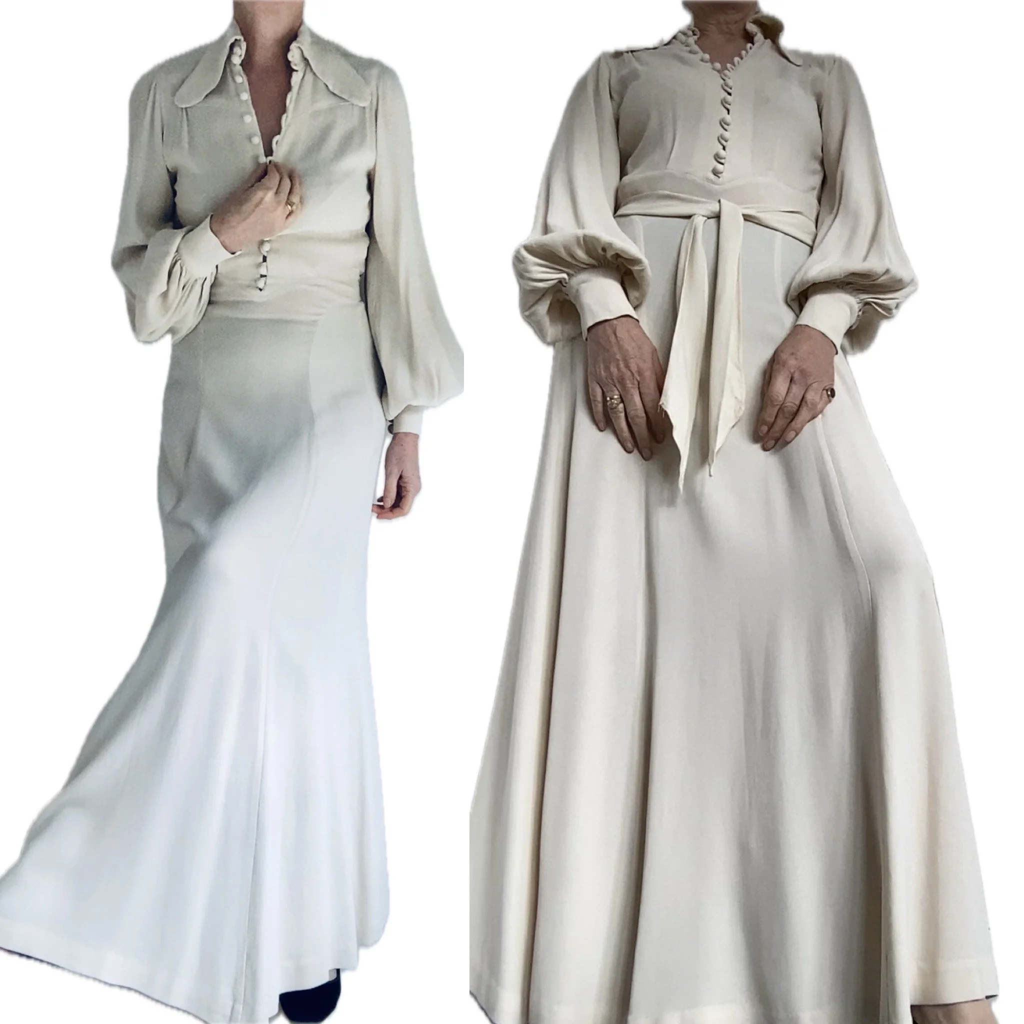 Ossie Clark Cream Moss Crepe Maxi Dress Vintage 1970s  70s Wedding Gown Bridal Size uk 10-12