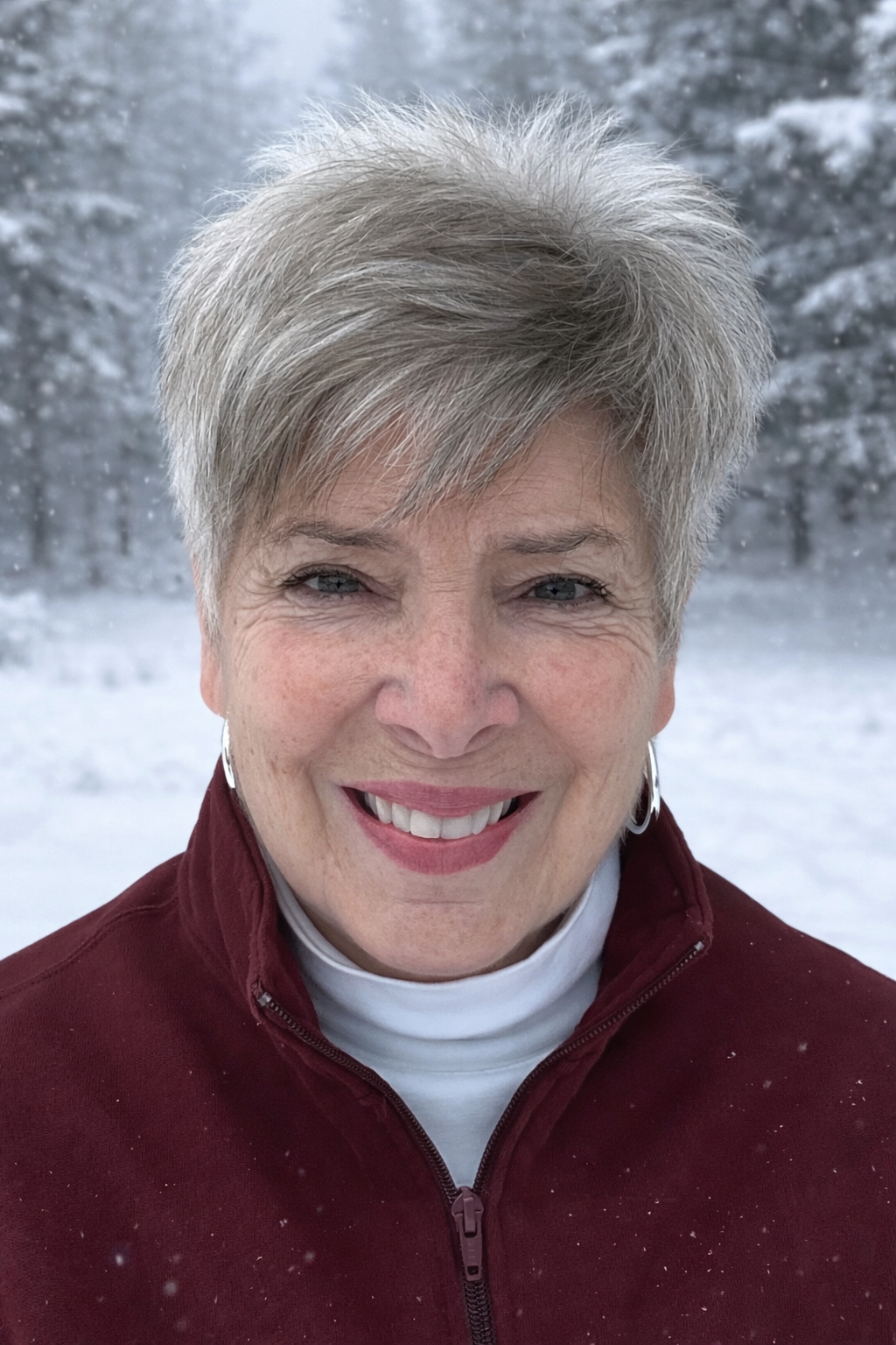 A smiling woman with short gray hair and blue eyes in a snowy outdoor setting, wearing a maroon jacket and white turtleneck shirt.
