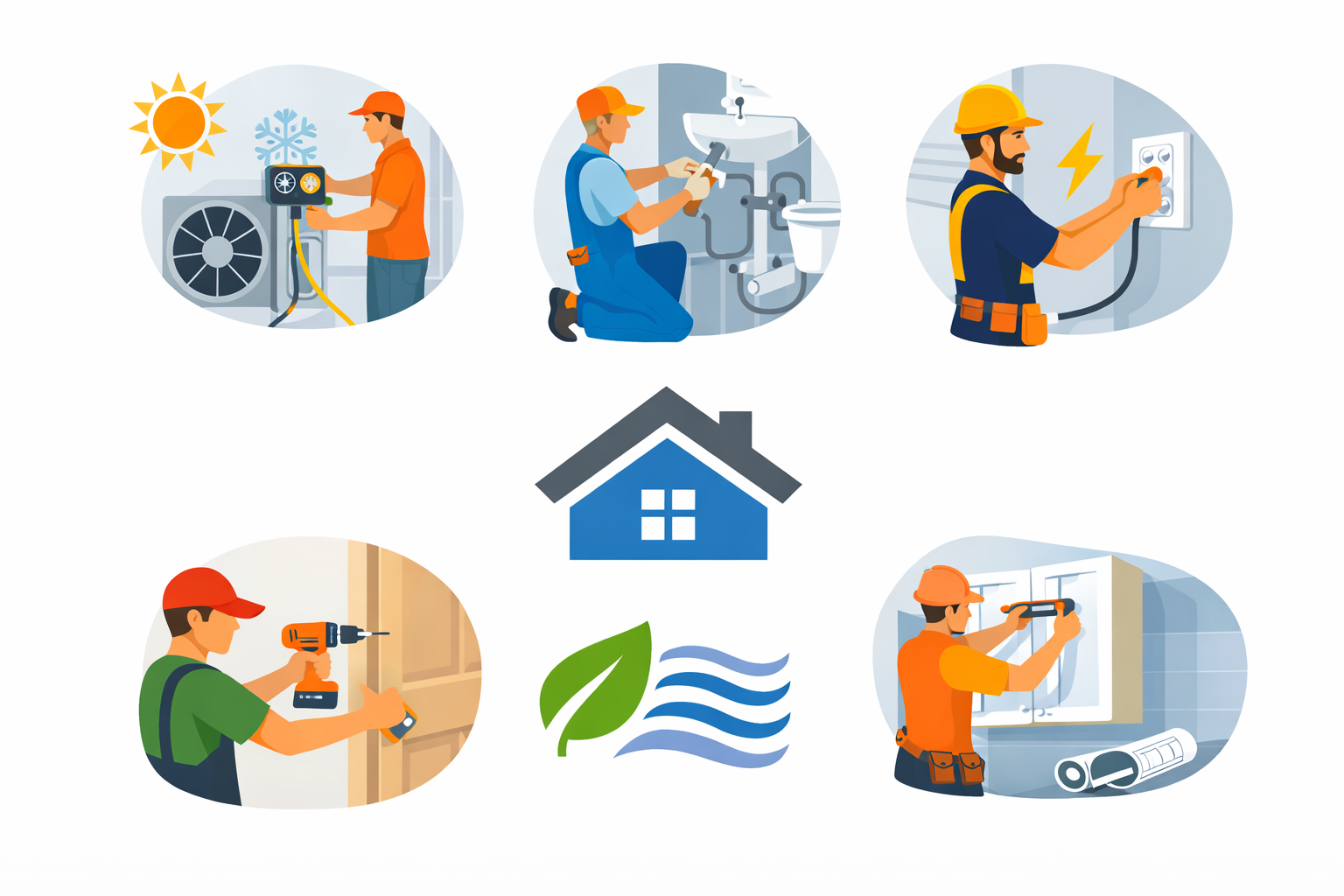 Illustration of various home maintenance and repair workers performing tasks such as HVAC servicing, plumbing, electrical work, carpentry, and appliance fixing, with a house icon and a leaf with water waves symbol in the center.