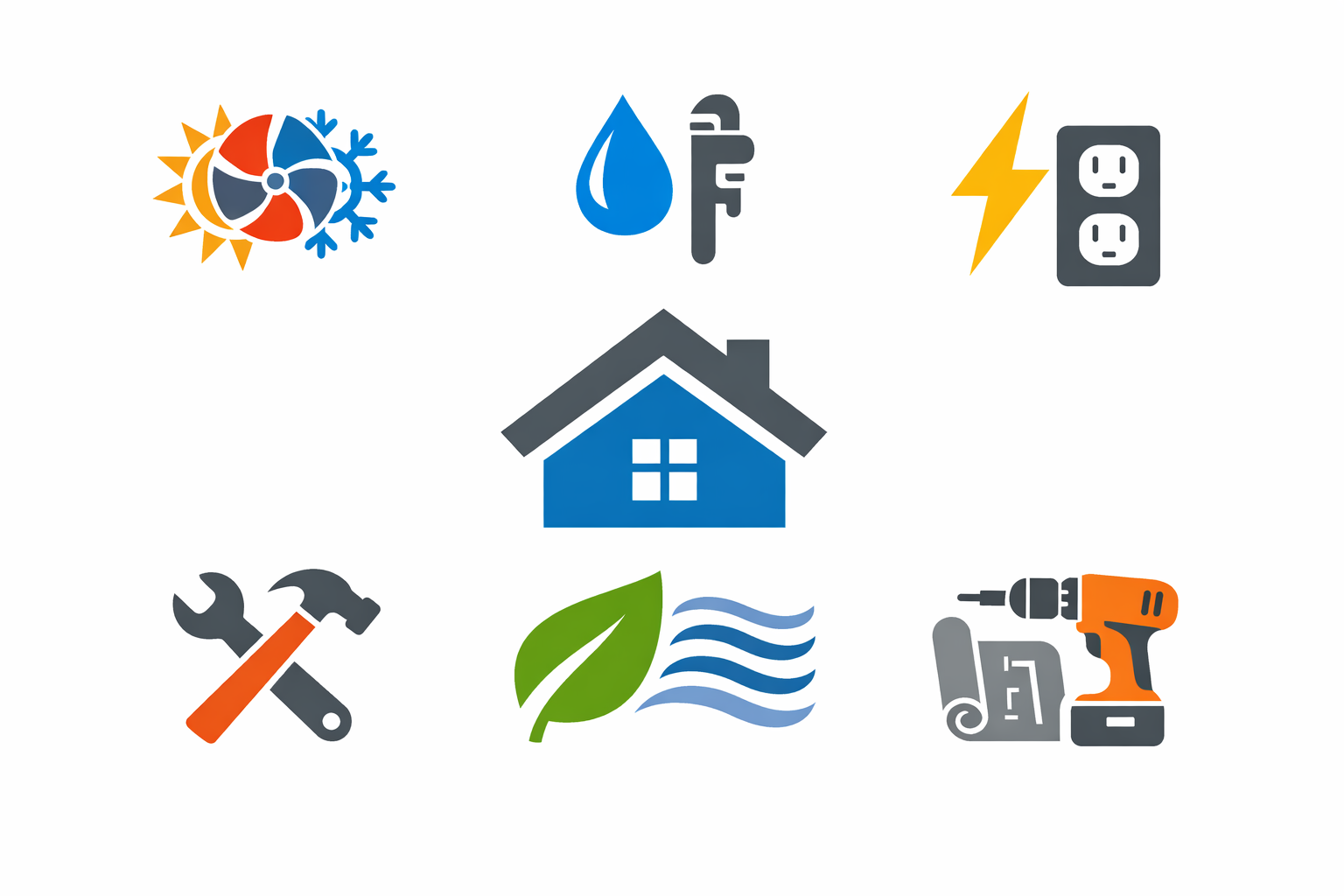 Icons representing weather, plumbing, electrical outlet, home, tools, water/leaves, and power drill.