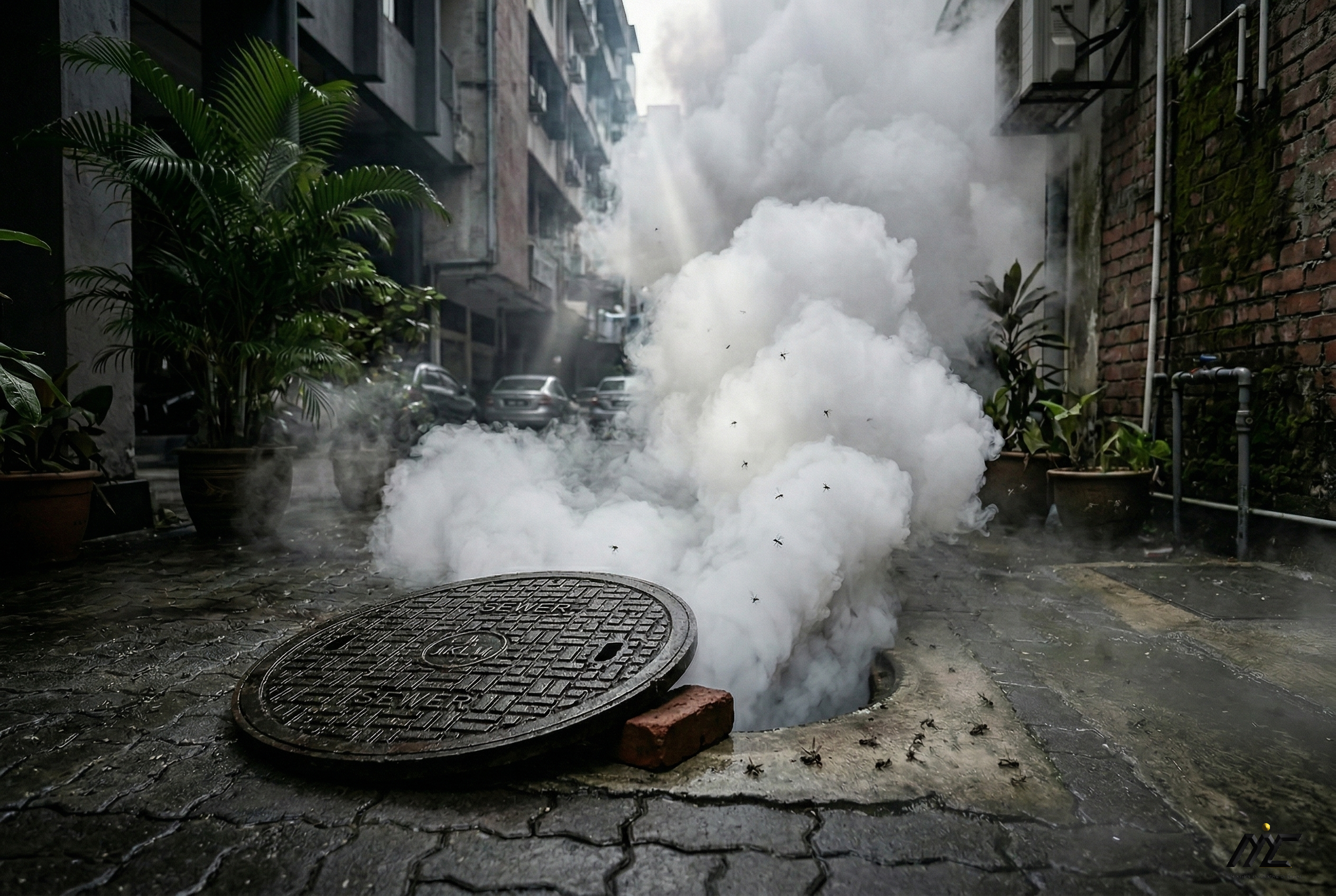 Thick white fog erupting from a slightly open manhole cover with dead mosquitoes scattered around the entrance.