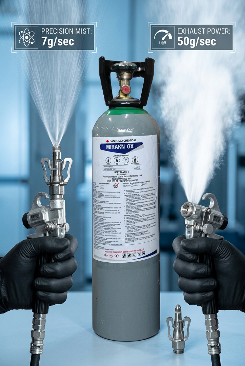 Technical demonstration of Mirakn GX exhaust mode showing 50g per second high-flow CO2 release without nozzle.