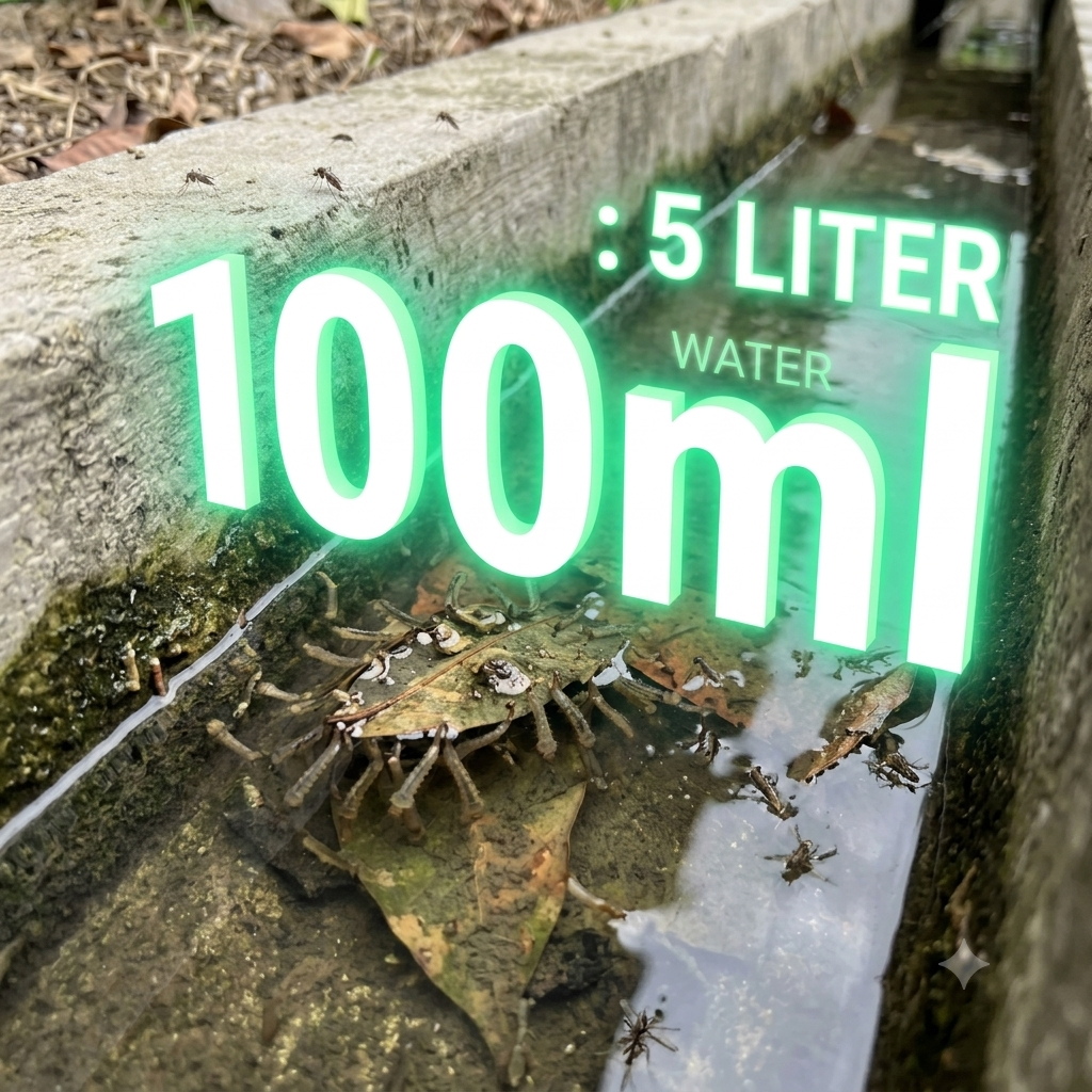 A graphic overlay over a stormwater drain showing a proportional dilution rate of 100 ml of ALPHA-ZESPER 1.0SC per 5 liters of water to eliminate mosquito larvae on leaves.