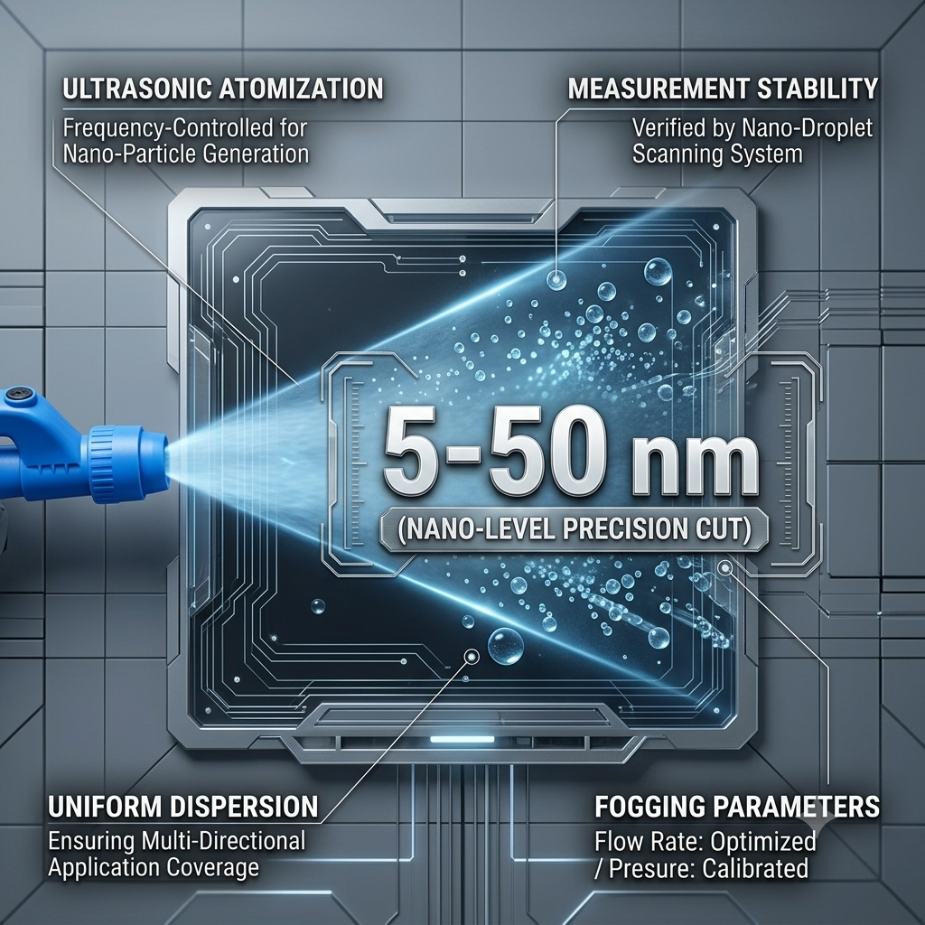 Vortox PL-911 precision ultrasonic atomization nozzle generating uniform dispersion from 5 to 50 microns verified by nano-droplet scanning system for multi-directional coverage.