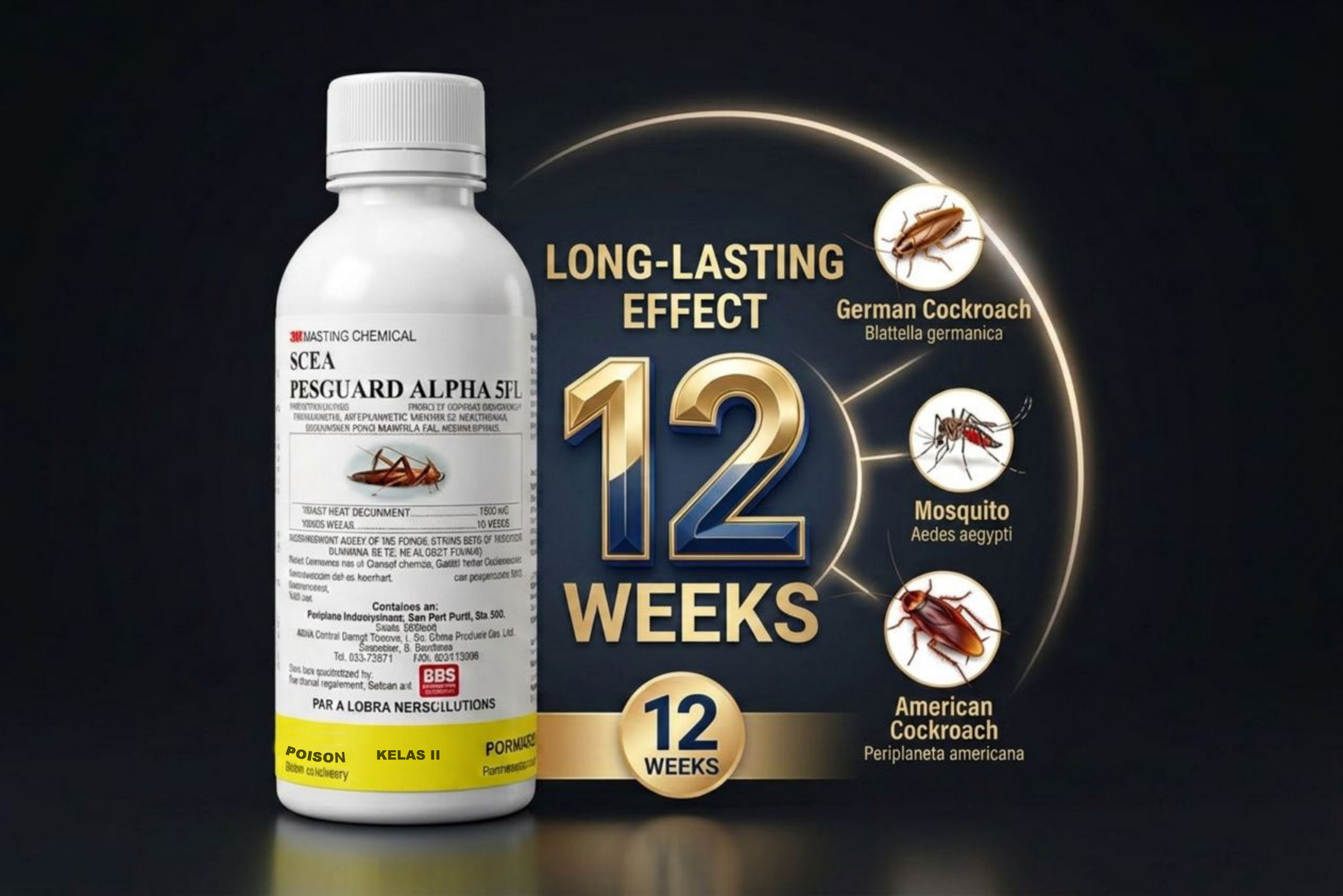 Proven field evaluations show that Pesguard Alpha 5FL maintains a powerful residual effect for a minimum of 12 weeks (3 months). It provides sustained mortality against German Cockroaches, American Cockroaches, and Mosquitoes.