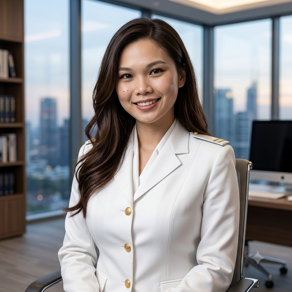 A woman with long brown hair smiling and wearing a white professional blazer with gold buttons, sitting in a modern office with large windows overlooking a cityscape during daytime.