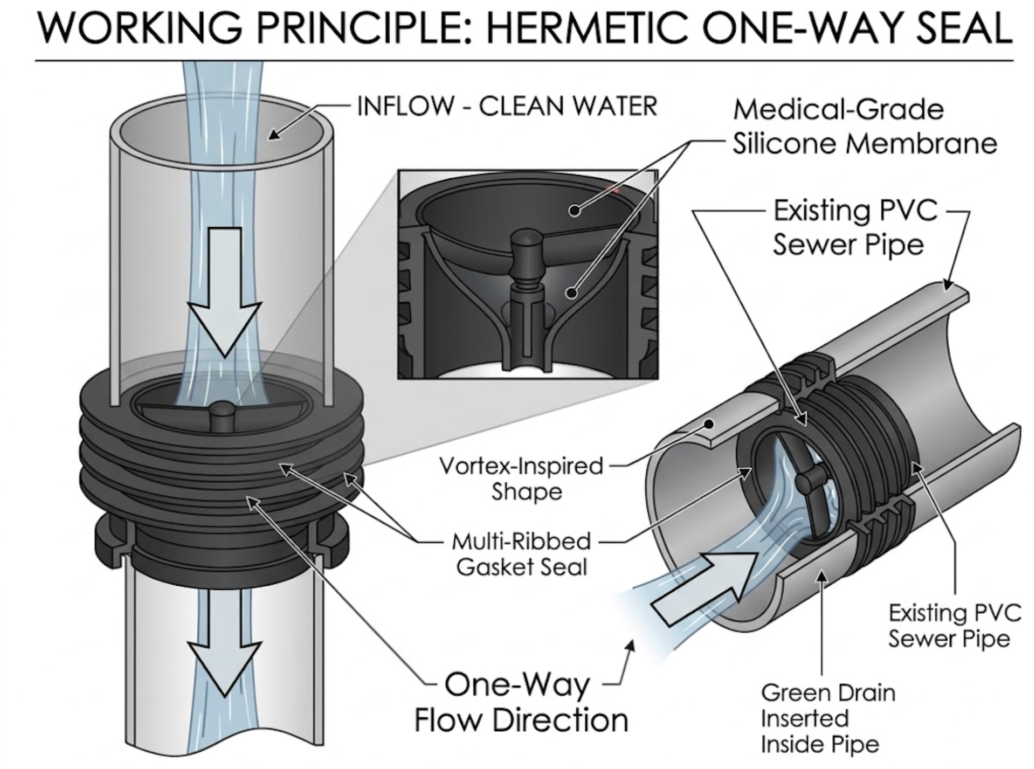 Detailed technical diagram of Green Drain inserted inside a PVC sewer pipe. It shows the one-way medical-grade silicone membrane opening for water flow and hermetically resealing to block backflow and gases.