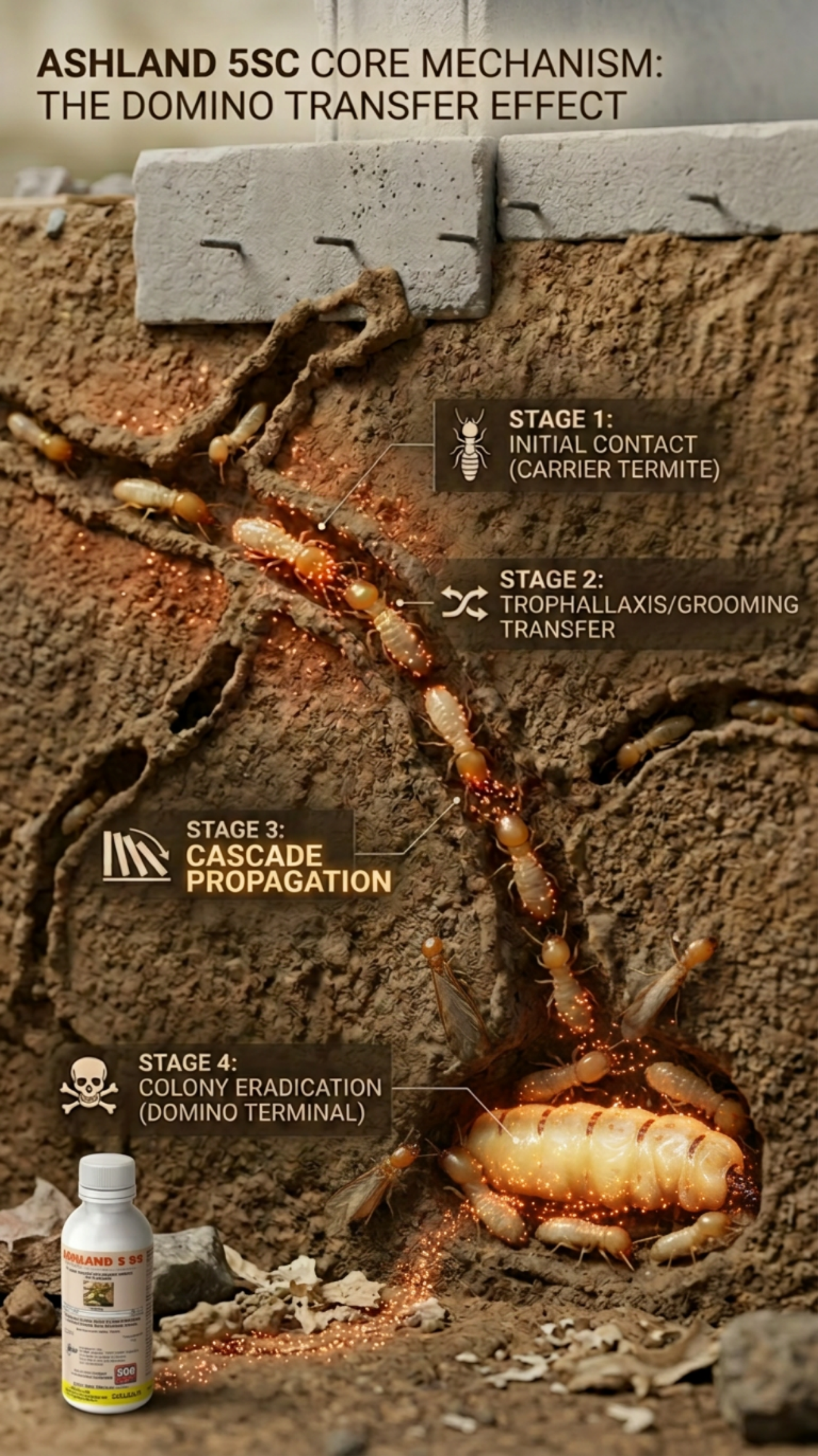 Infographic of ASHLAND 5SC core mechanism showing the 4 stages of the Domino Transfer Effect from carrier termite contact to total colony eradication.
