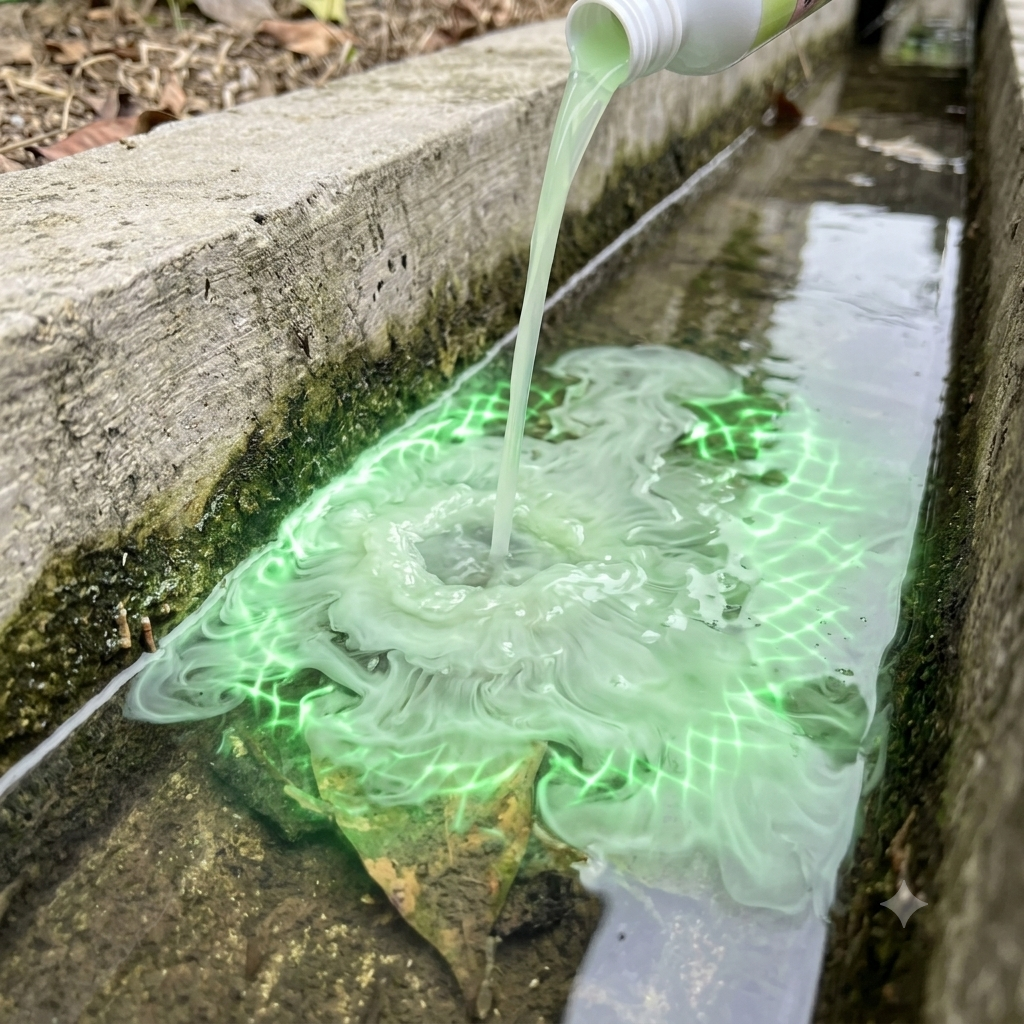 ALPHA-ZESPER 1.0SC water-based suspension concentrate liquid pouring into a concrete stormwater drain, dispersing uniformly through the water volume with a glowing green visual effect.