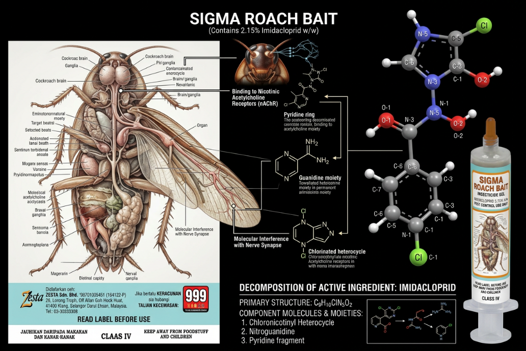 Diagram showing a cross-section of a cockroach nervous system alongside the chemical structure of 2.15% Imidacloprid, highlighting its binding action to Nicotinic Acetylcholine Receptors (nAChR).
