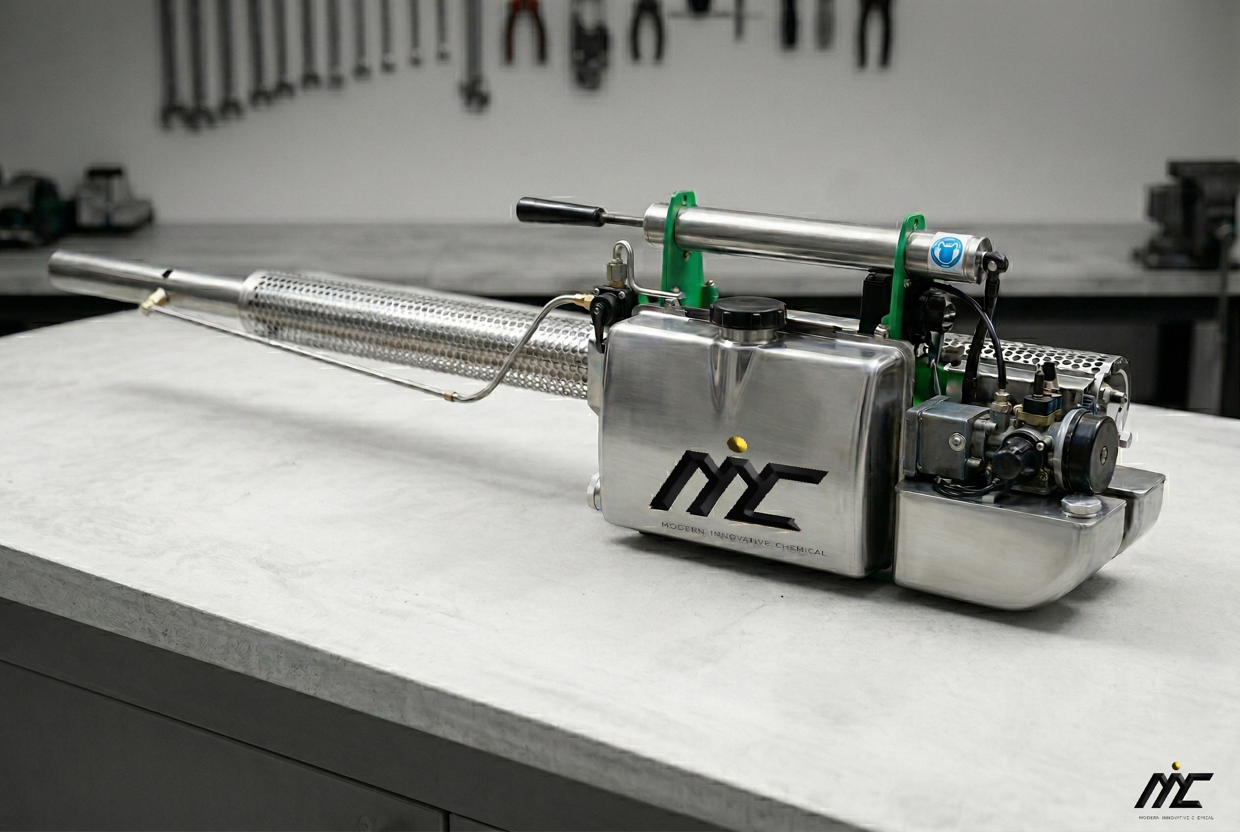 Full profile of the TS35D thermal fogger on a workshop bench, highlighting its durable stainless steel body and compact design.