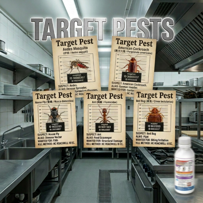 A "Target Pest" gallery in a commercial kitchen setting showing Aedes Mosquitoes, American Cockroaches, House Flies, Ants, and Bed Bugs all treatable with HC ROACHKILL 10 EC.