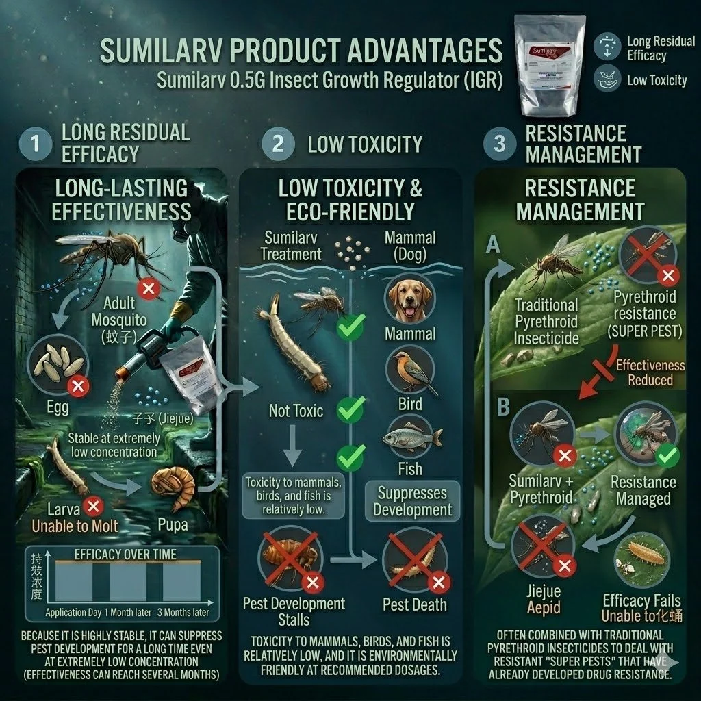 Discover the advantages of Sumilarv 0.5G. Featuring months of residual efficacy and low mammalian toxicity, it is the ultimate solution for managing "Super Pests" with high chemical resistance.
