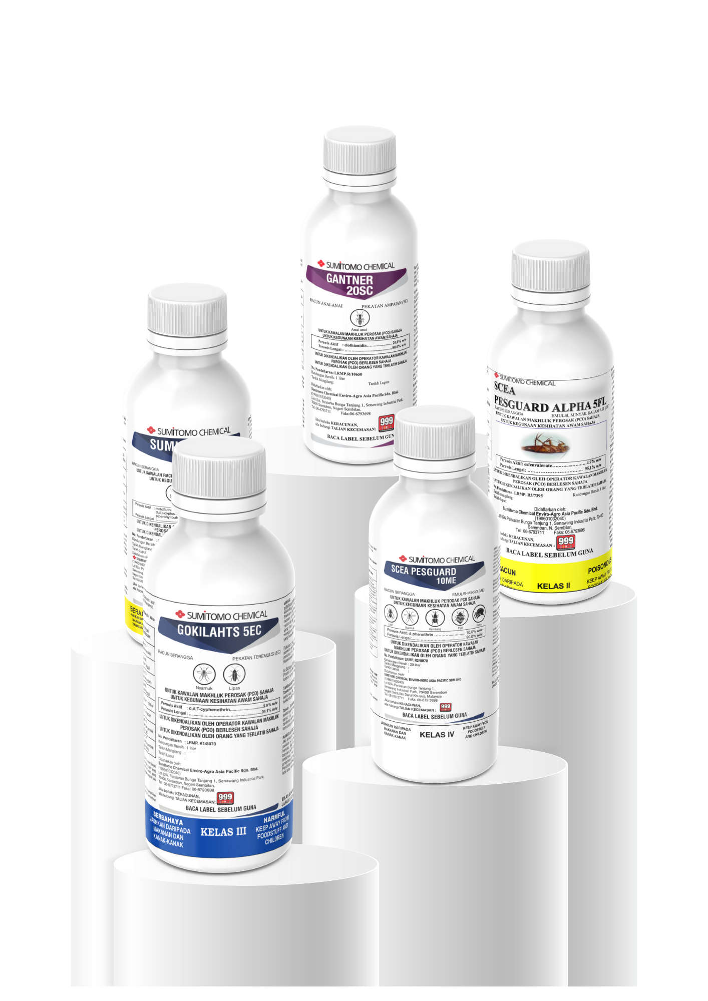 Group display of Sumitomo Chemical professional public health insecticides, including Gantner 20SC, Pesguard Alpha 5FL, Pesguard 10ME, Gokilaht-S 5EC, and SumiPro EW on display stands.