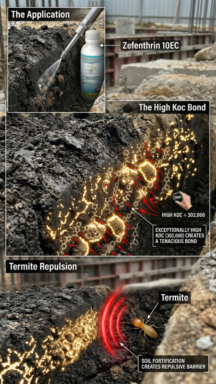 Infographic showing the application of ZEFENTHRIN 10EC, the high Koc bond of 302,000 creating a tenacious soil connection, and the resulting termite repulsive barrier.