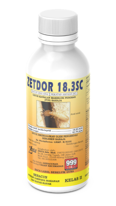 Official 1-liter bottle of ZETDOR 18.3SC termite control agent, featuring 18.3% Imidacloprid and Kelas II professional rating by ZESTA Sdn Bhd.