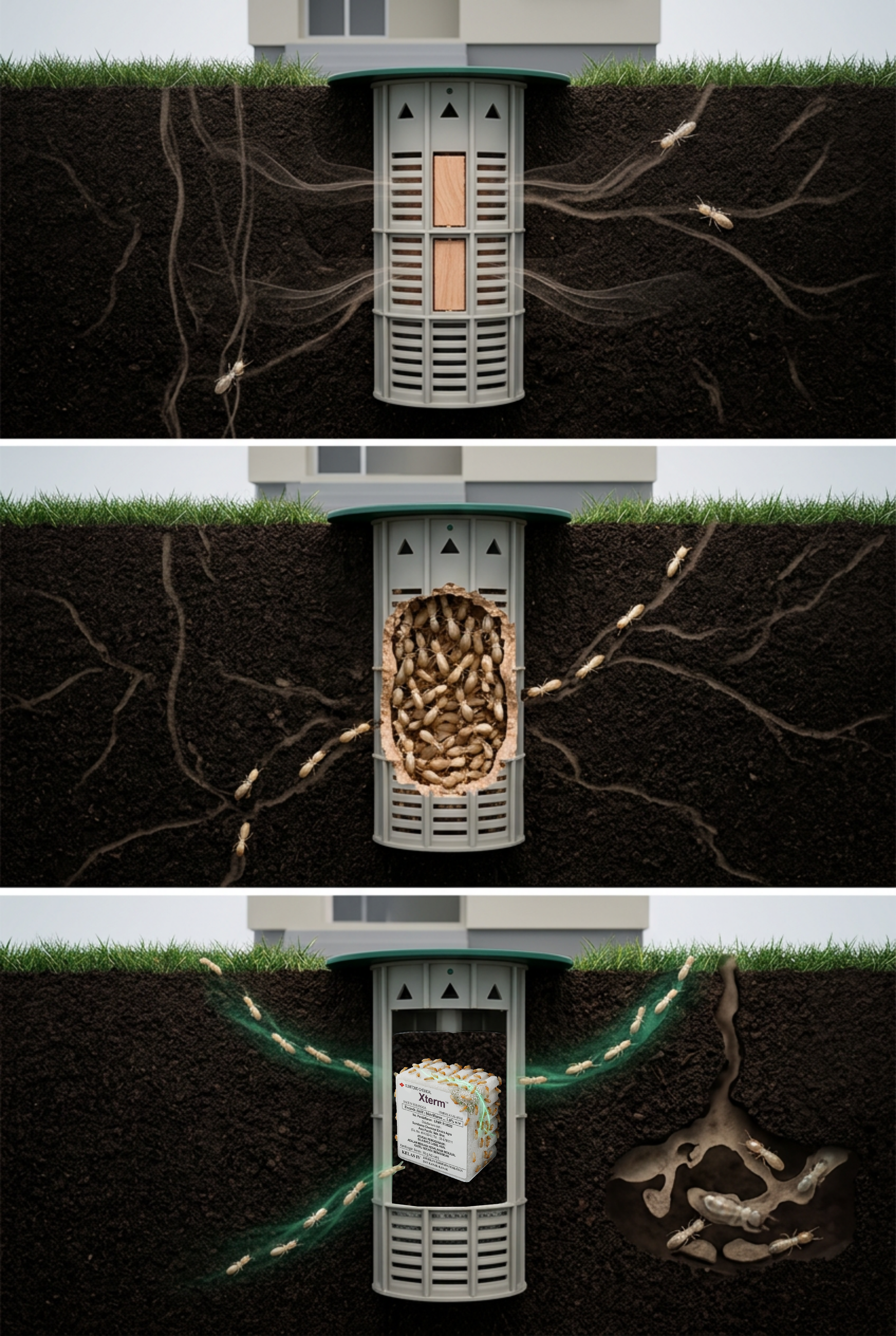 An Xterm IG Station loaded with granular bait, showing a weakened termite colony retreating in the soil.