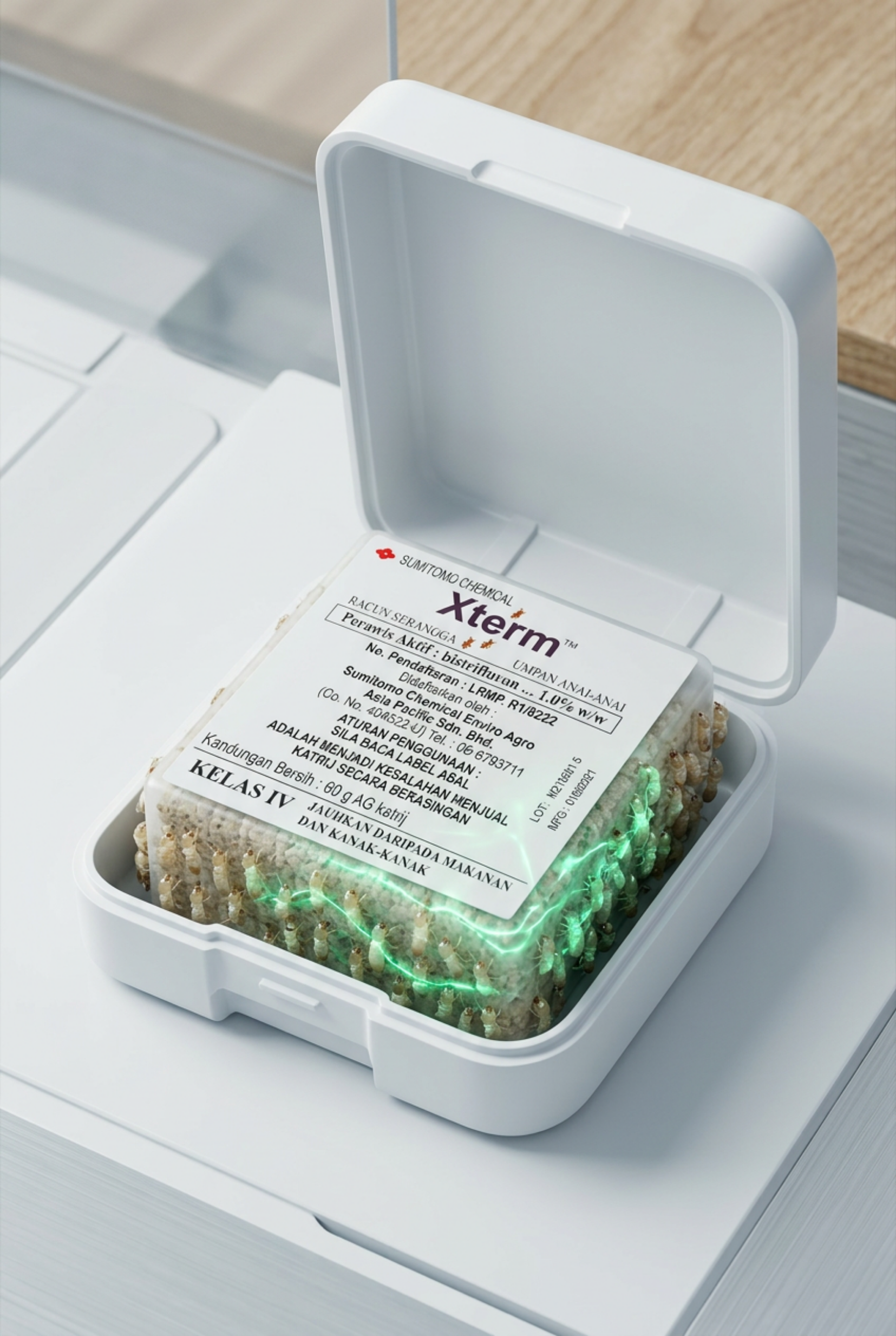 Close-up of white Sumitomo Xterm Bait Cartridge containing Bistrifluron IGR for termite colony eradication.