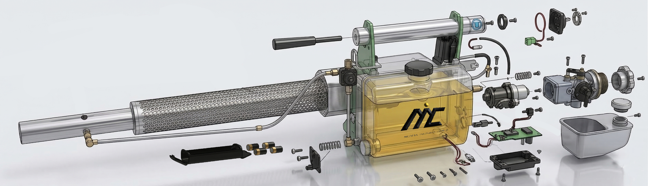 3D exploded view of the TS35D fogger showing the solid-state ignition system and high-grade stainless steel components.