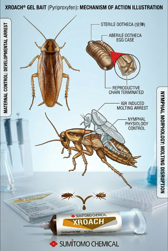 > Technical illustration of Xroach Pyriproxyfen (IGR) mechanism. Shows sterile ootheca (dud egg cases) and nymphal molting disruption for total colony collapse and root eradication.