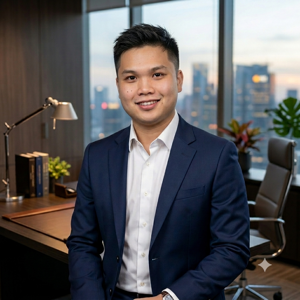 A young man in a navy blue suit and white shirt smiling in an office with large windows showing city buildings and a sunset sky.