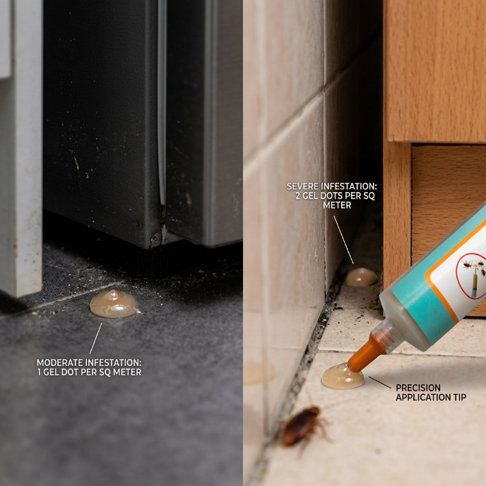Close-up comparison image showing the correct application of SIGMA ROACH BAIT: 1 gel dot per square meter for moderate infestation and 2 gel dots per square meter for severe infestation using a precision tip.