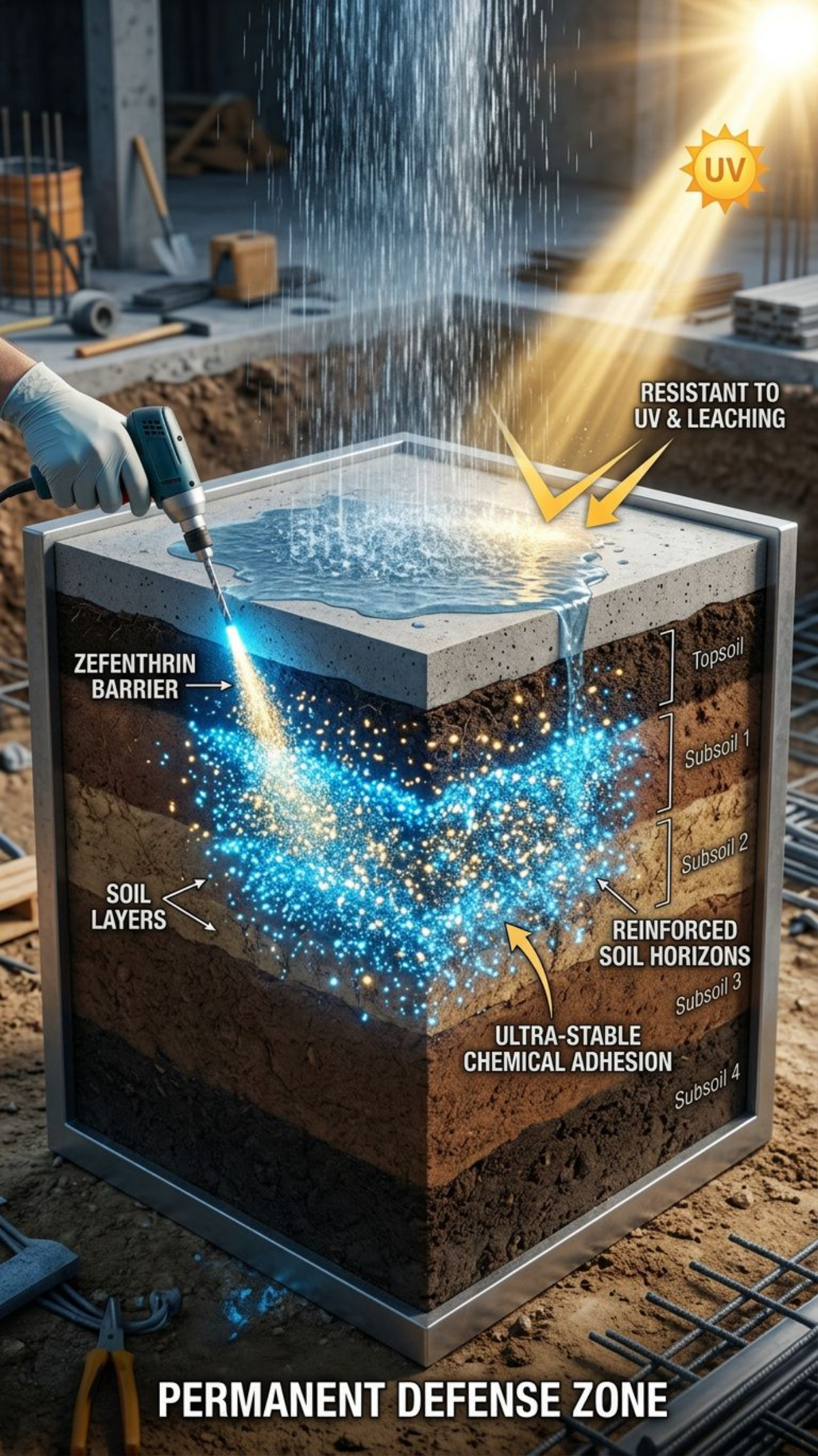 3D cross-section of soil layers under a concrete slab treated with ZEFENTHRIN 10EC, showing resistance to rain leaching and UV degradation.