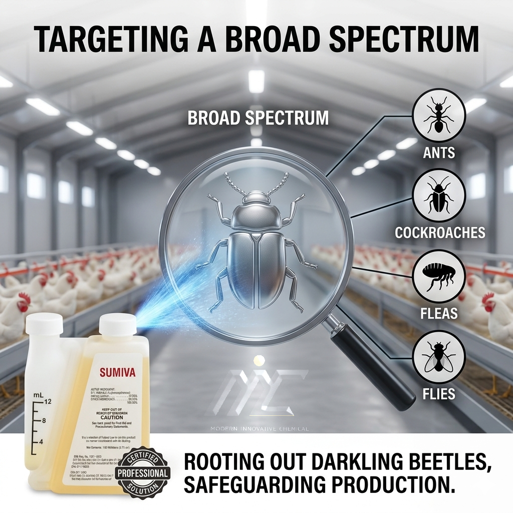 Sumiva NyGuard IGR application in a poultry farm targeting darkling beetles, ants, cockroaches, fleas, and flies.