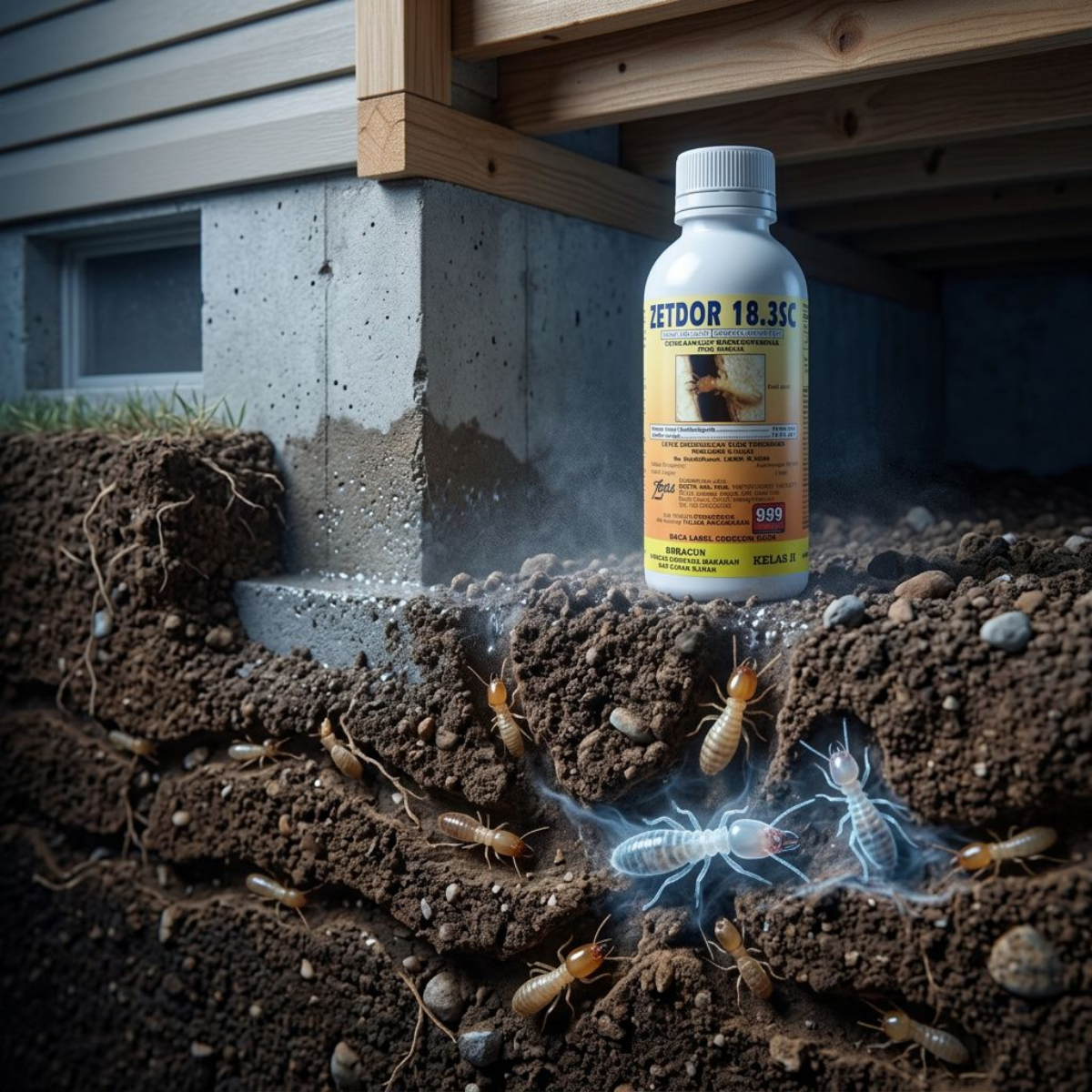 Cross-section of a building foundation showing termites being intercepted by the ZETDOR 18.3SC stable chemical barrier in the soil.