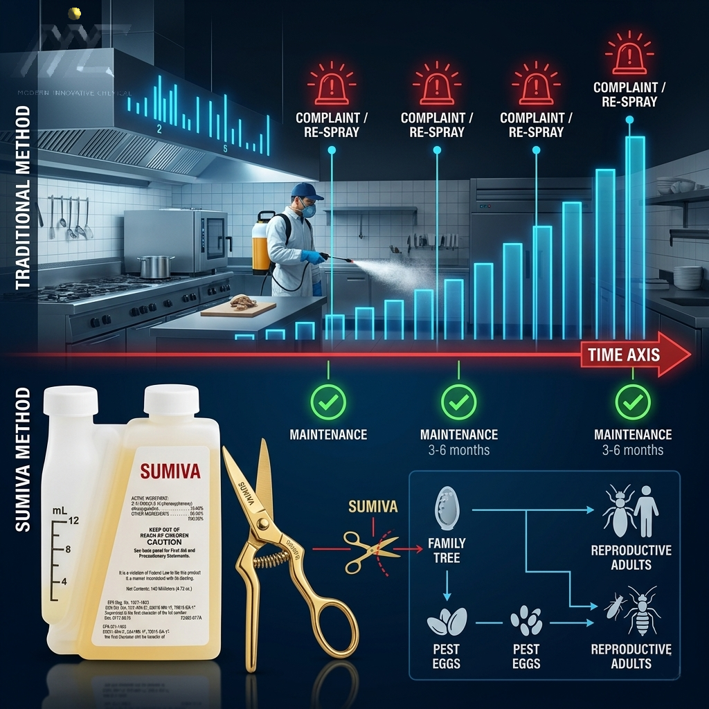Infographic showing how Sumiva IGR breaks the pest life cycle to reduce re-spray frequency and long-term labor costs for PCOs.