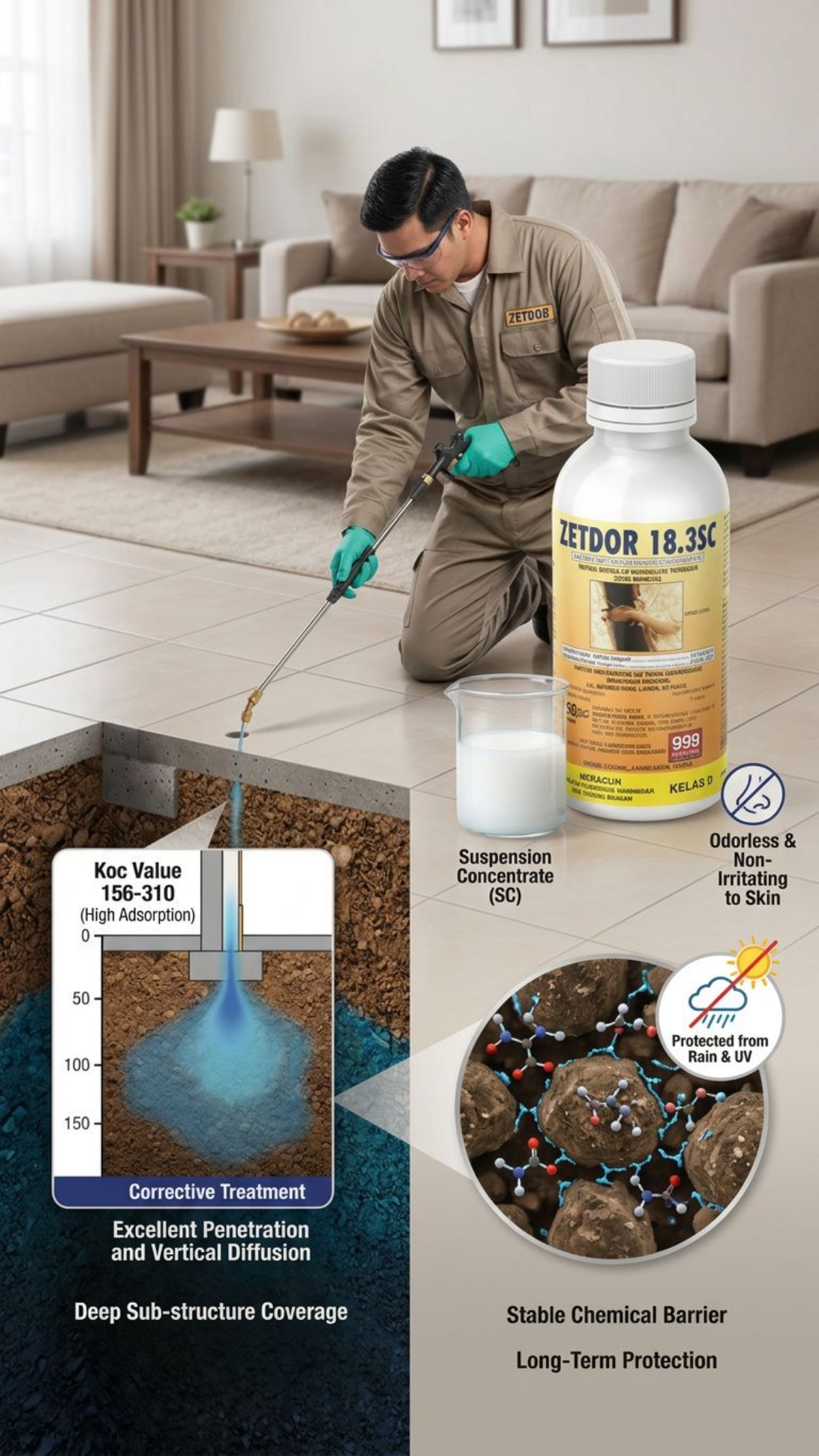 Infographic showing ZETDOR 18.3SC with a Koc value of 156-310, demonstrating excellent soil penetration and vertical diffusion for sub-structure coverage in termite corrective treatment.