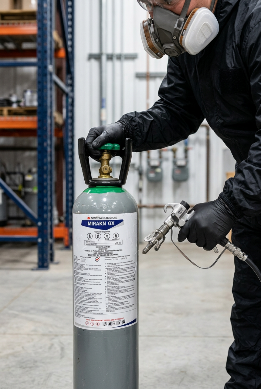 Professional pest control operator wearing 3M 6001 series respirator for Mirakn GX treatment safety.